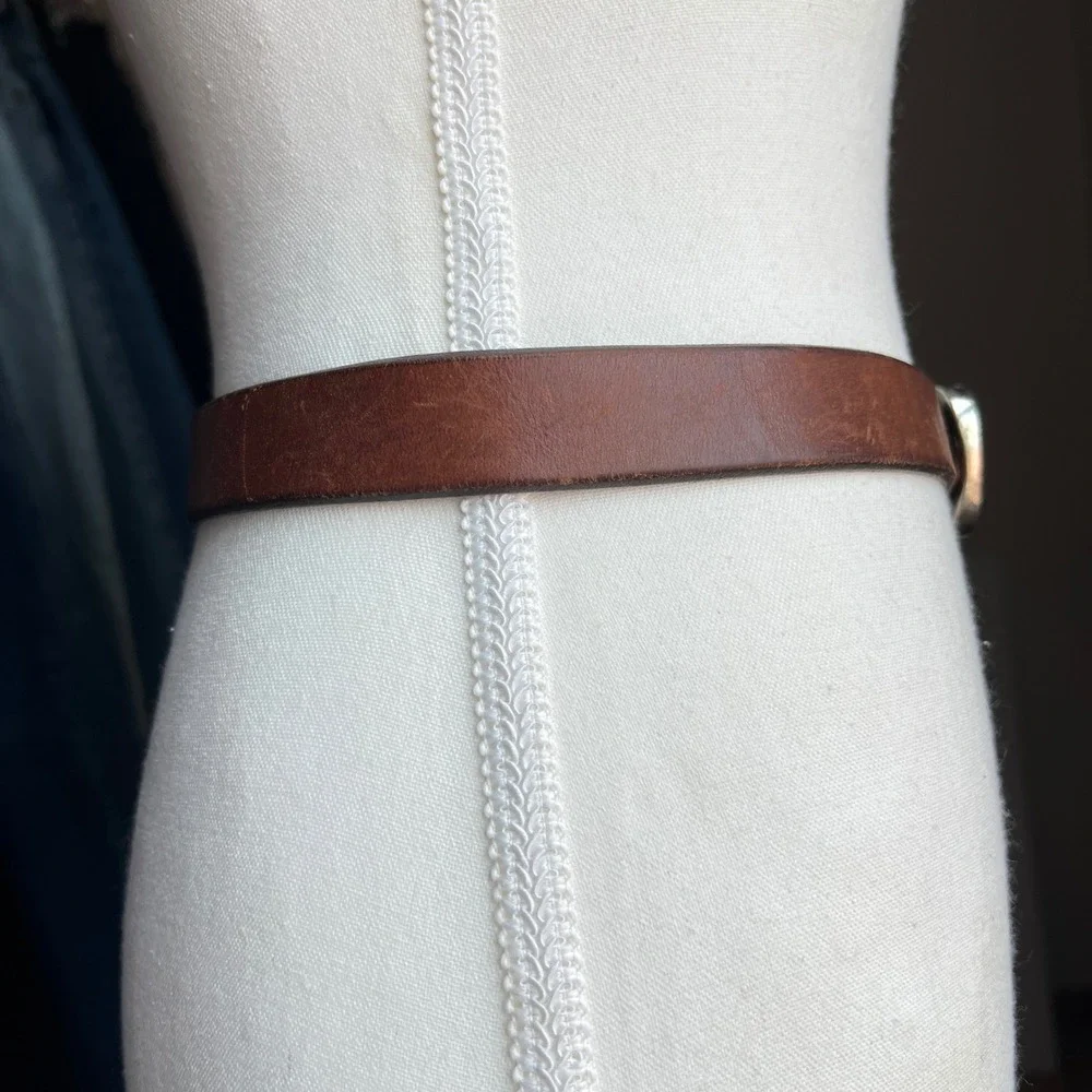 Vintage 1995 Brown Leather Belt Patina Silver Buckle Western Boho Minimalist